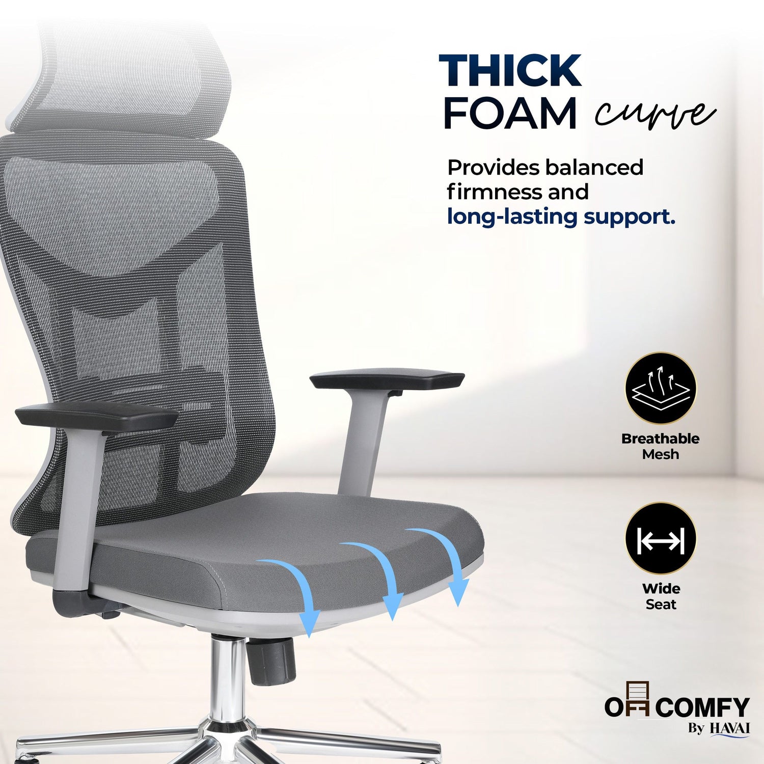 HAVAI Pulse High Back Ergonomic Mesh Office Chair |  Multi-Lock Tilt Mechanism | Chrome Base| Breathable Mesh Back | Fixed Headrest (Grey)