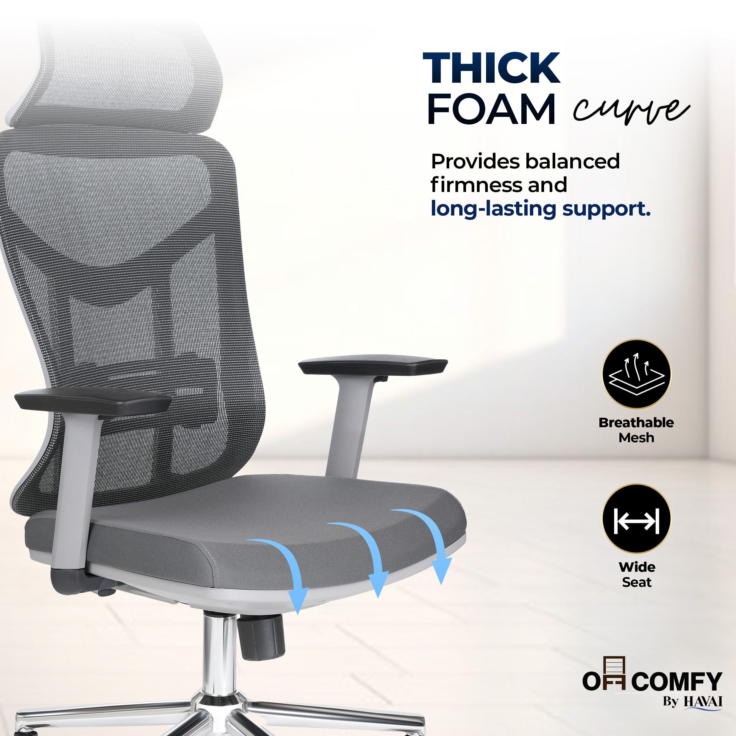 HAVAI Pulse High Back Ergonomic Mesh Office Chair |  Multi-Lock Tilt Mechanism | Chrome Base| Breathable Mesh Back | Fixed Headrest (Grey)