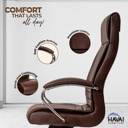 HAVAI Nova High Back Office Chair | Premium Leather | Ergonomic Executive Chair with Single Lock Tilt Mechanism |  Chrome Steel Base &amp; Arms | Class 4 Gaslift | 50mm Casters  | High-Density Cushioned Seat &amp; Back (Brown)