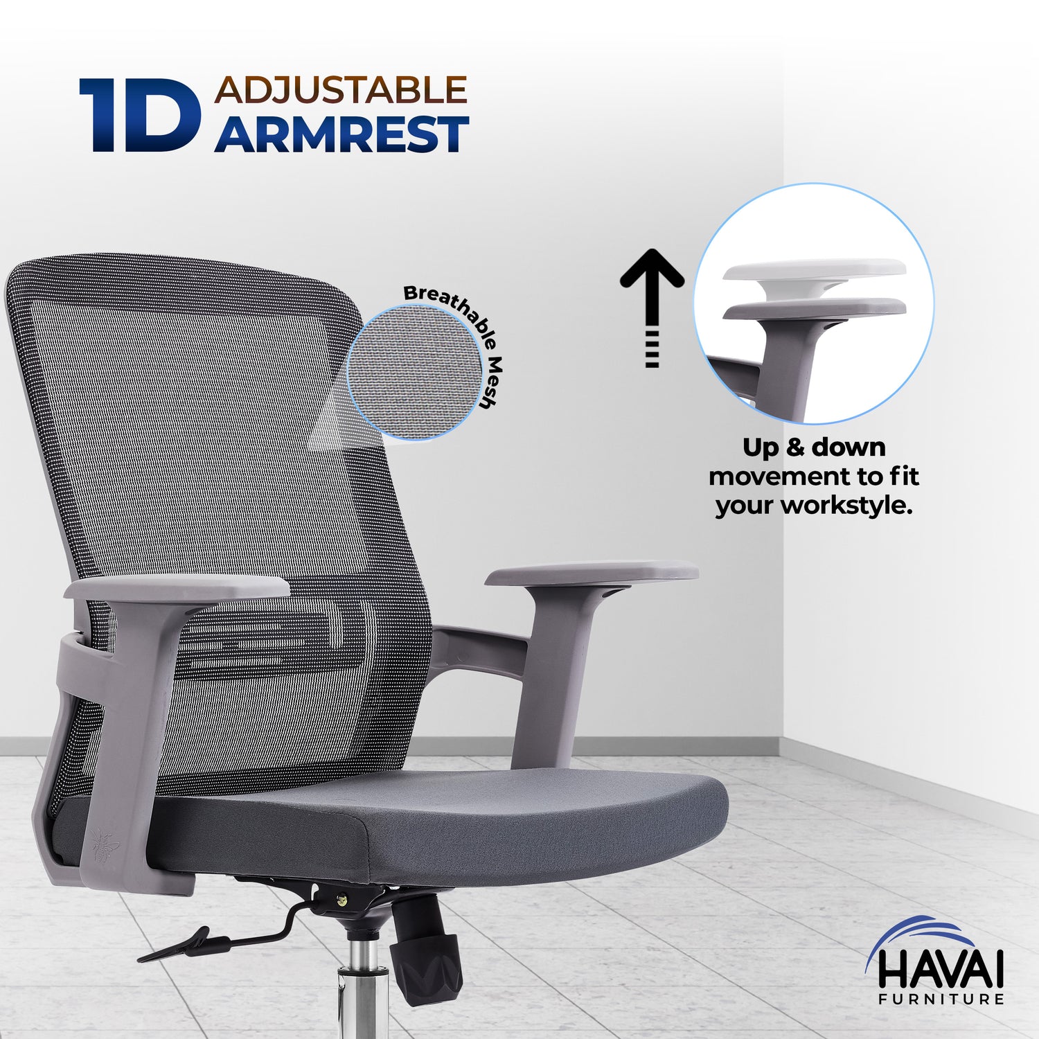 HAVAI Ergolite Mid Back Ergonomic Mesh Office Chair |  One Lock Tilt Mechanism | Fixed Armrests | Nylon Base |  Breathable Mesh Back (Grey)