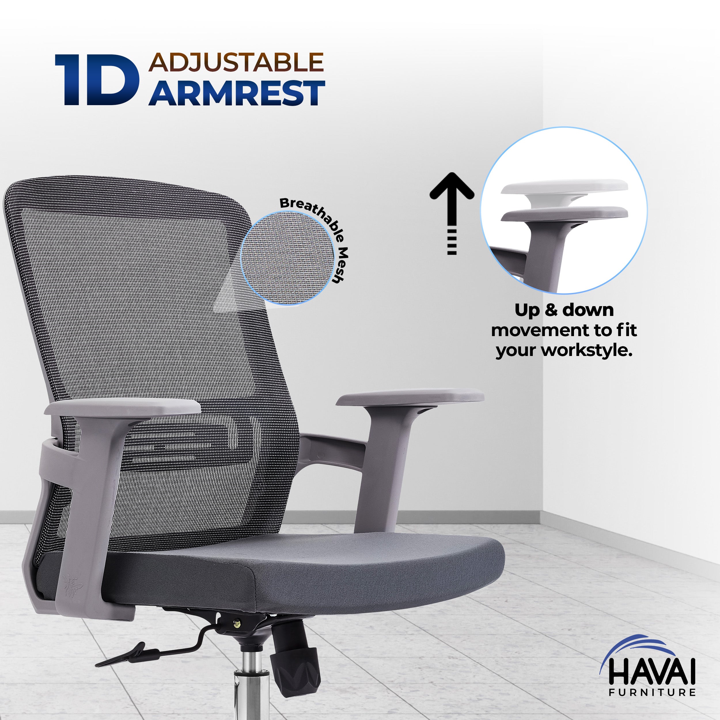 HAVAI Ergolite Mid Back Ergonomic Mesh Office Chair |  One Lock Tilt Mechanism | Fixed Armrests | Nylon Base |  Breathable Mesh Back (Grey)