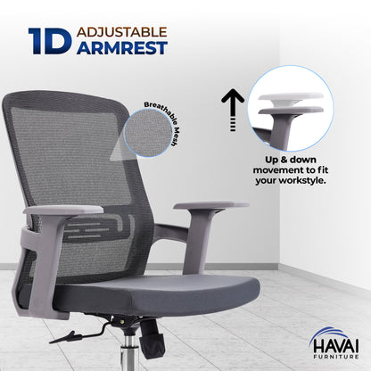 HAVAI Ergolite Mid Back Ergonomic Mesh Office Chair |  One Lock Tilt Mechanism | Fixed Armrests | Nylon Base |  Breathable Mesh Back (Grey)