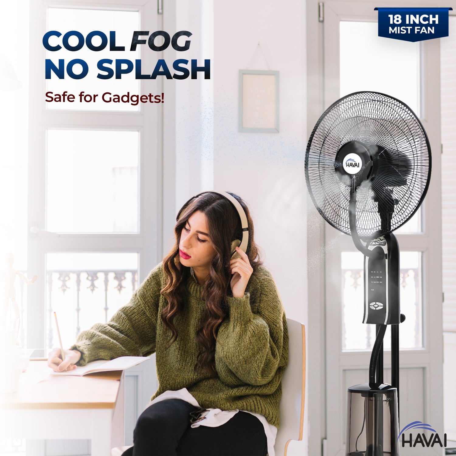 HAVAI RED 18&quot; BLDC Mist Pedestal Fan – High-Speed, Remote &amp; Touch Control, 3.2L Tank, 80W Power, 350 Sq Ft Coverage, Easy Install, Black (Copy)