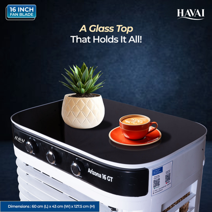 HAVAI Arizona 16 GT Desert Air Cooler | 80L Tank | 16” Aerodynamic Fan | 3-Side Thick Honeycomb | Glass Top with Ice Chamber | Smart Dust-Filter Inlet | 5 Castors | 3300 m³/hr | 1 Year On-Site Warranty