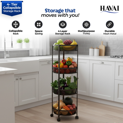 Havai 4 Tier Collapsible Storage Rack Trolley | Portable Mesh Basket Organizer with Wheels | Foldable Kitchen, Bathroom &amp; Bedroom Utility Cart for Home – Black