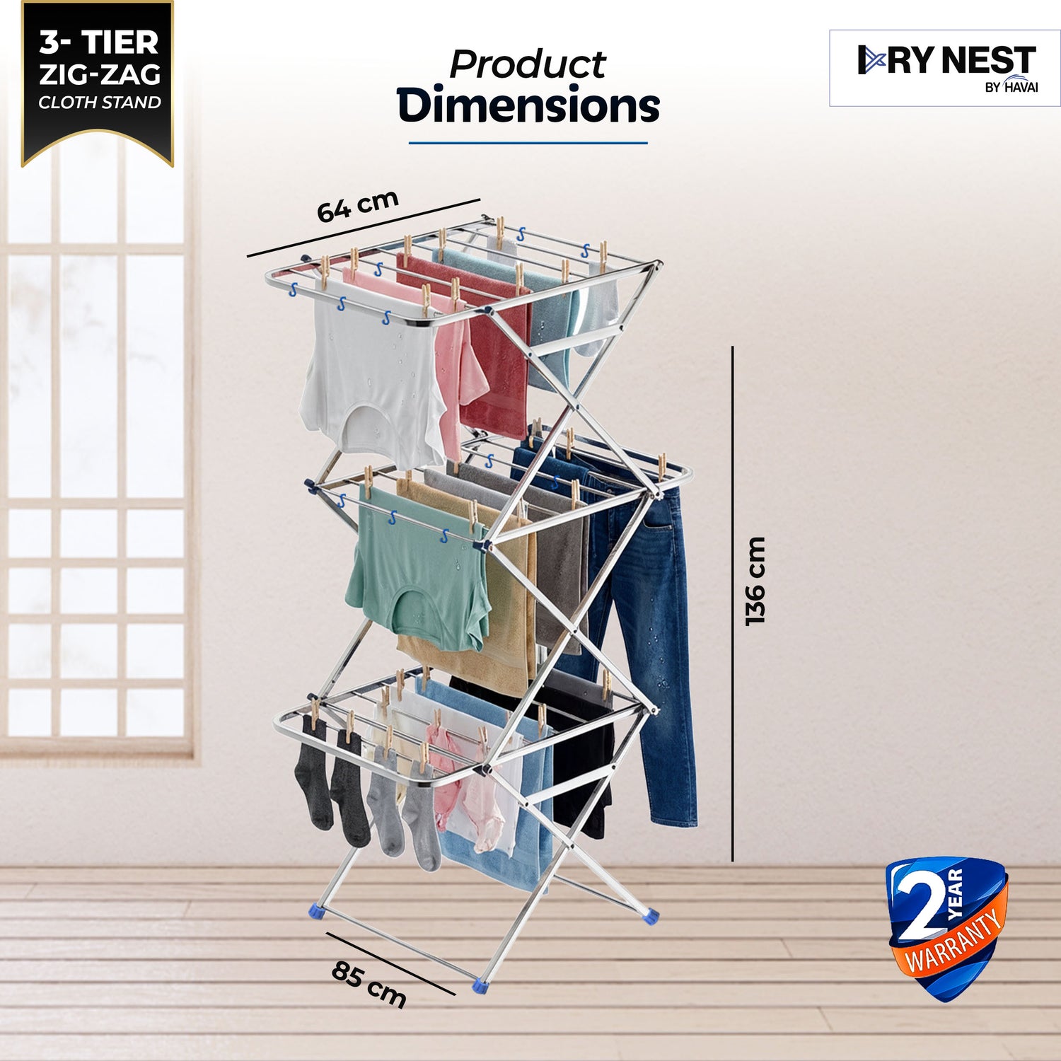 HAVAI DryNest 4.5 KG Heavy Duty Clothes Drying Stand | 40 KG Load Capacity | 3-Tier Zig-Zag Foldable Stainless Steel Airer | Rust Resistant Laundry Rack for Balcony, Indoor &amp; Outdoor Use