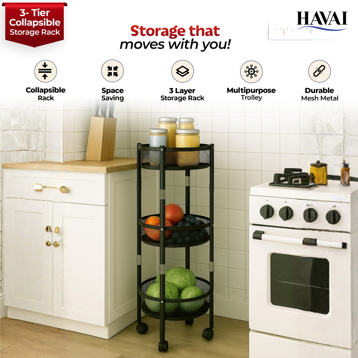 Havai 3 Tier Collapsible Storage Rack Trolley | Portable Mesh Basket Organizer with Wheels | Foldable Kitchen, Bathroom &amp; Bedroom Utility Cart for Home – Black