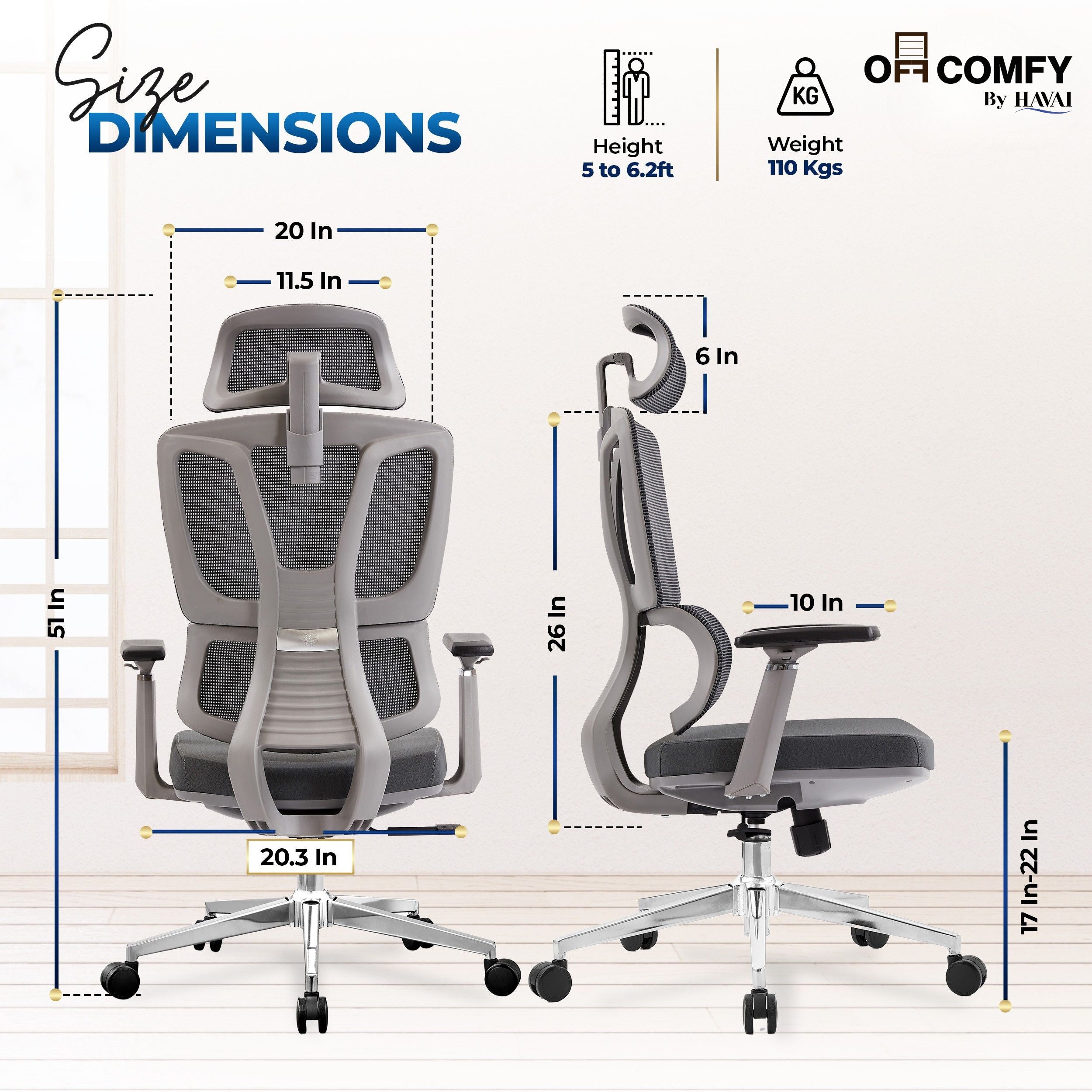 HAVAI Neo High Back Ergonomic Mesh Office Chair |  Multi-Lock Mechanism | Chrome Base | 3D Armrests with PU Pads  | Adjustable Headrest | Breathable Mesh Back (Grey)