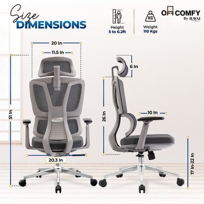HAVAI Neo High Back Ergonomic Mesh Office Chair |  Multi-Lock Mechanism | Chrome Base | 3D Armrests with PU Pads  | Adjustable Headrest | Breathable Mesh Back (Grey)