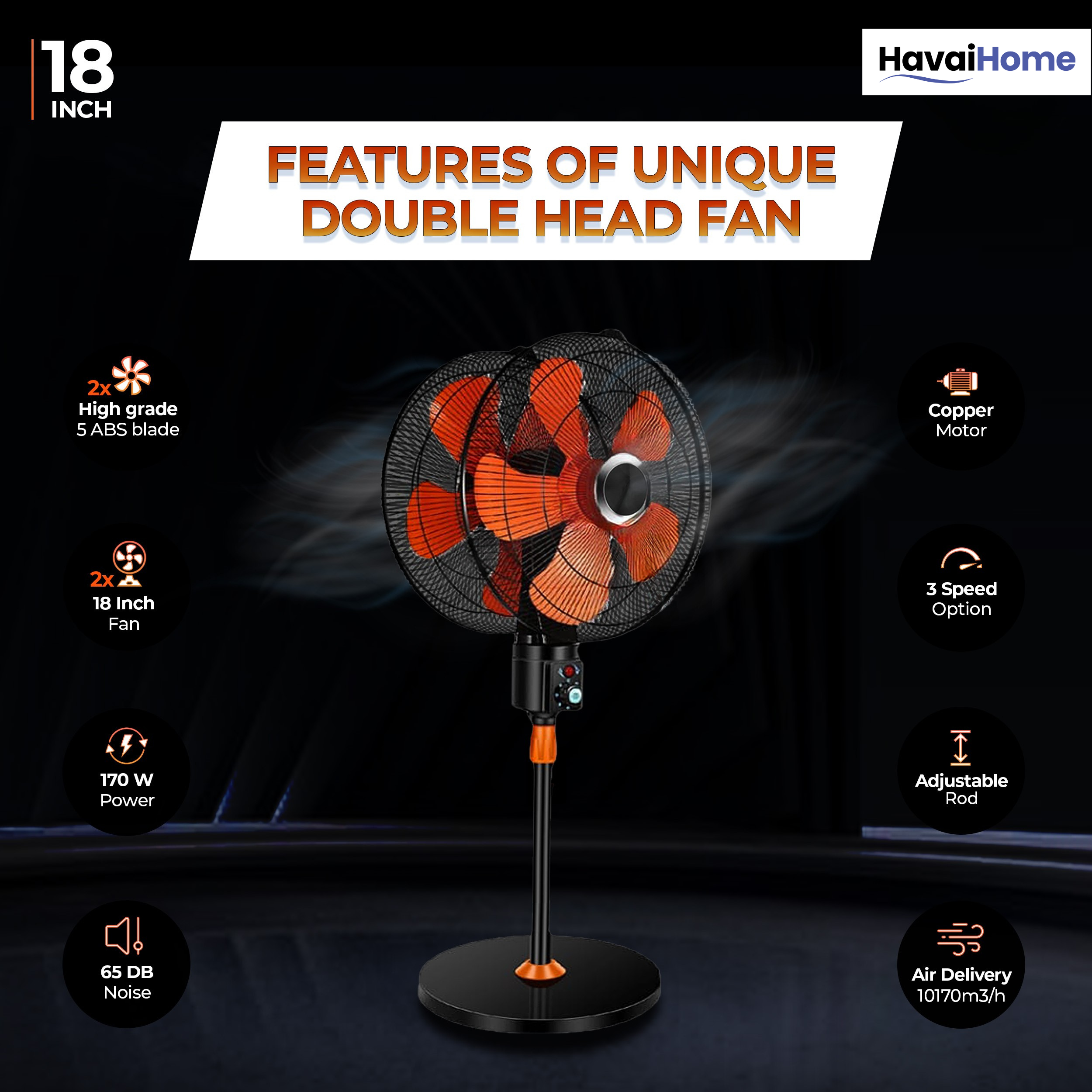 DOUBLE HEAD 360 DEGREE FAN |18 INCH|REMOTE CONTROL, DOUBLE HEADED, 360 Degree Coverage, Pedestal | 1 Year Warranty | 3 SPEED CONTROL | ORANGE AND BLACK