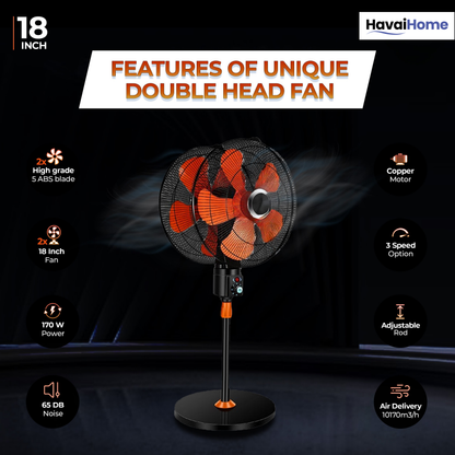 DOUBLE HEAD 360 DEGREE FAN |18 INCH|REMOTE CONTROL, DOUBLE HEADED, 360 Degree Coverage, Pedestal | 1 Year Warranty | 3 SPEED CONTROL | ORANGE AND BLACK