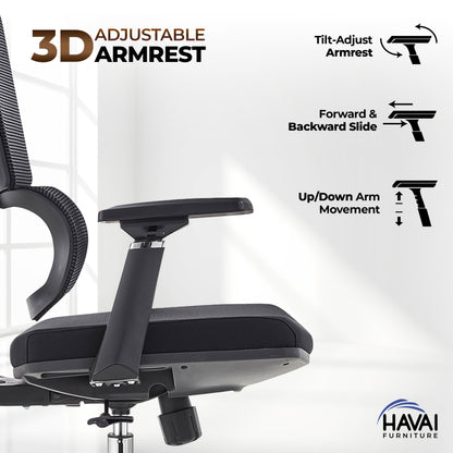 HAVAI Neo High Back Ergonomic Mesh Office Chair |  Multi-Lock Mechanism | Chrome Base | 3D Armrests with PU Pads  | Adjustable Headrest | Breathable Mesh Back (Black