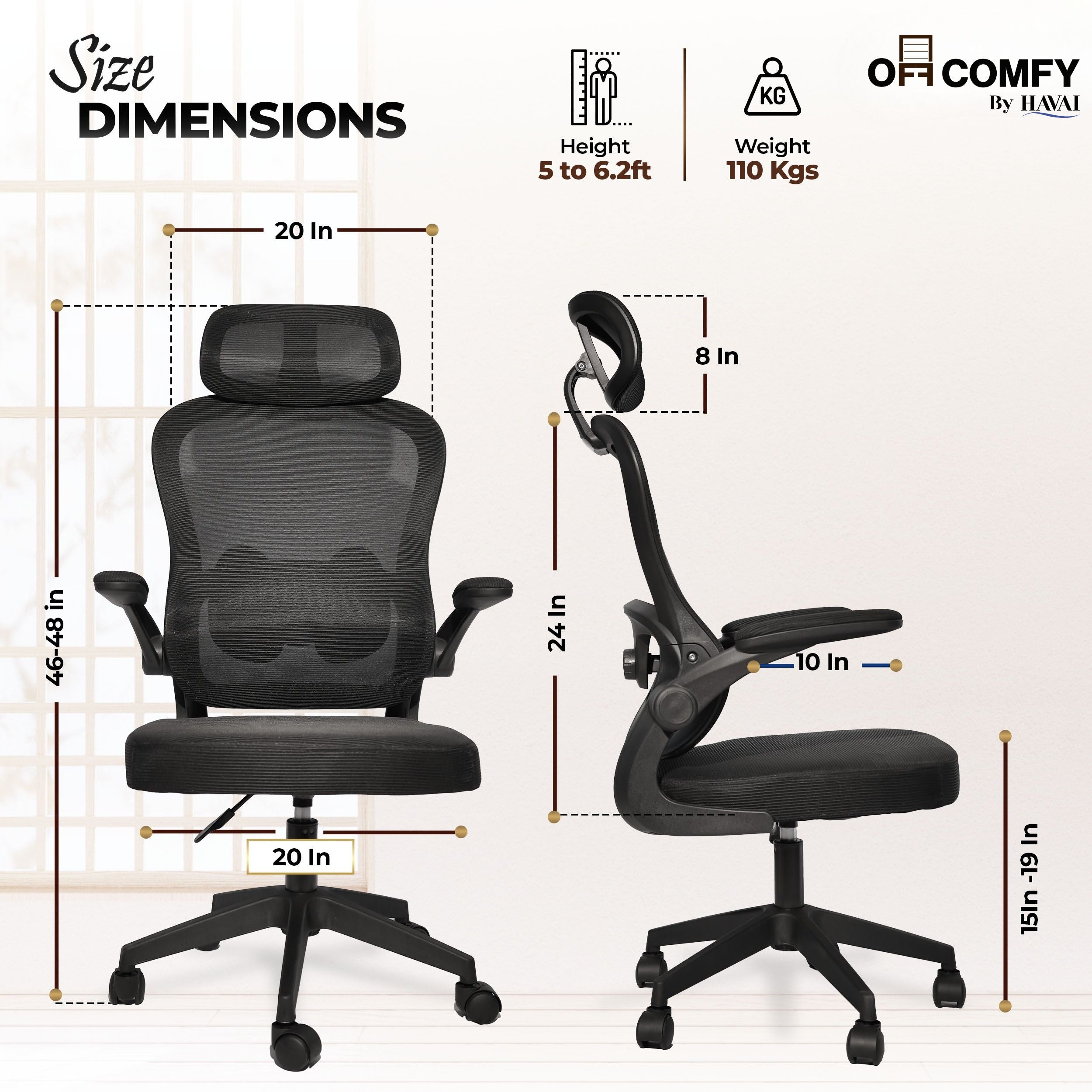 HAVAI LUMA BLACK Ergonomic Mesh Office Chair | Mid Back | Breathable Net Fabric | Height Adjustable | Class 2 Gas Lift | Nylon Base | Smooth Wheels | WFH &amp; Office (BLACK)