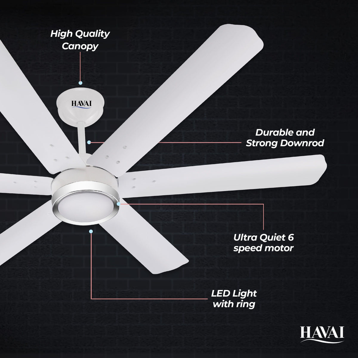 HAVAI Spinel BLDC Ceiling Fan with Decorative Ring | 1200mm, 6 Blades, 25W | Remote Control &amp; 9W LED Light | 2 Years Warranty | Pearl White