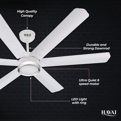 HAVAI Spinel BLDC Ceiling Fan with Decorative Ring | 1200mm, 6 Blades, 25W | Remote Control &amp; 9W LED Light | 2 Years Warranty | Pearl White