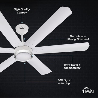 HAVAI Spinel BLDC Ceiling Fan with Decorative Ring | 1200mm, 6 Blades, 25W | Remote Control &amp; 9W LED Light | 2 Years Warranty | Pearl White