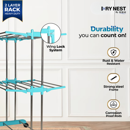 HAVAI DryNest 3.7 KG Premium Clothes Drying Stand with Wheels | Heavy-Duty Rust-Free Steel &amp; Strong Steel Rods | 2-Layer Foldable Jumbo Rack | Portable &amp; Balcony-Friendly