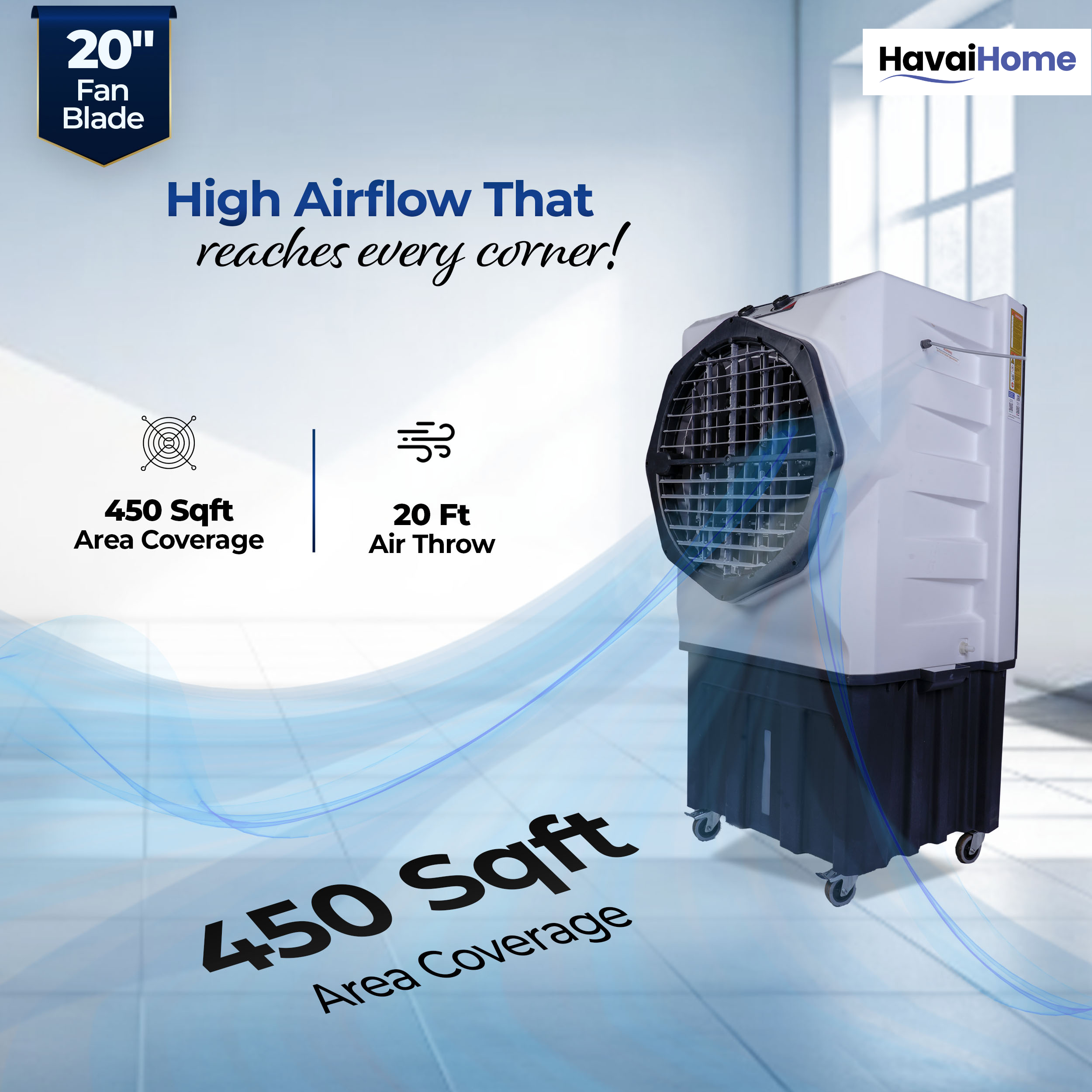 HAVAI Jumbo 20+ Desert Air Cooler for Home &amp; Commercial Use | 20 Inch Aluminium Fan, 150L Tank, 6190 m³/hr Air Delivery | Covers 450 Sq Ft | Honeycomb Pads, Auto Swing Louvers, Wheels | White &amp; Grey