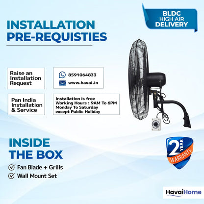 26" BLDC High-Speed Wall-Mount Fan – 3-Blade Design, Energy Efficient (20W-135W), 700-1400 RPM, 13,500 M³/Hr Airflow, 60-Foot Air Throw, 4-Speed Control, 2-Year Warranty