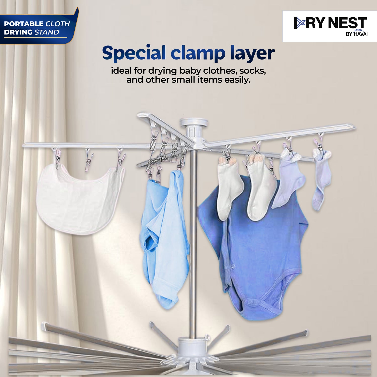 HAVAI Octopus Foldable Rotating Cloth Drying Rack | 360° Multi-Layer Laundry Stand with Lockable Wheels &amp; Strong Load Capacity | Space-Saving Indoor/Outdoor Clothes Hanger for Home Balcony (White)