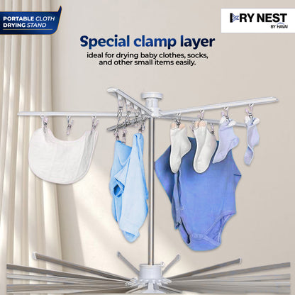 HAVAI Octopus Foldable Rotating Cloth Drying Rack | 360° Multi-Layer Laundry Stand with Lockable Wheels &amp; Strong Load Capacity | Space-Saving Indoor/Outdoor Clothes Hanger for Home Balcony (White)