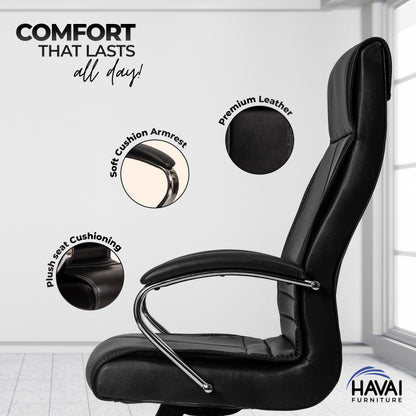 HAVAI Nova High Back Office Chair | Premium Leather | Ergonomic Executive Chair with Single Lock Tilt Mechanism |  Chrome Steel Base &amp; Arms | Class 4 Gaslift | 50mm Casters  | High-Density Cushioned Seat &amp; Back (Black)