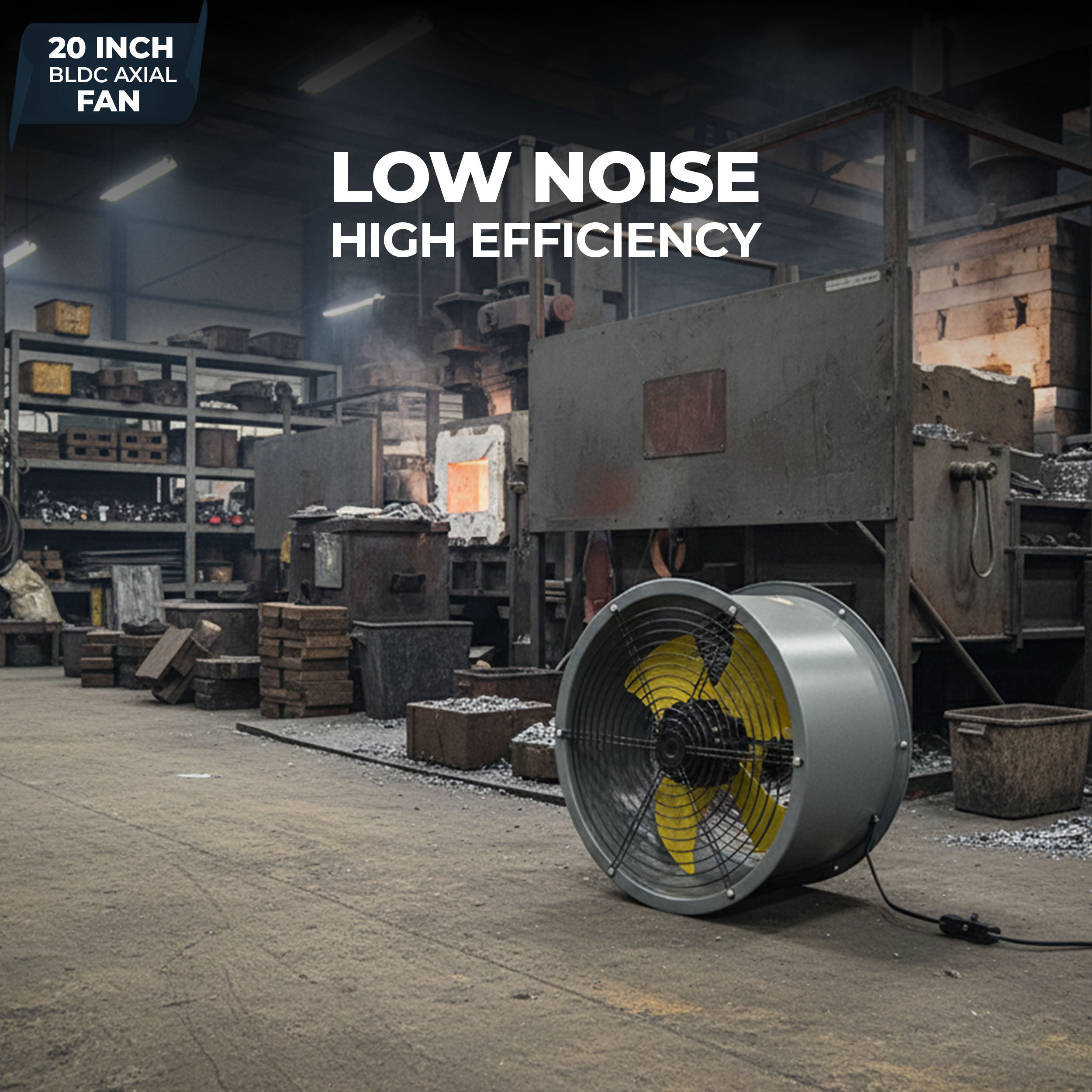 20-Inch Heavy Duty BLDC Axial Fan | Maintenance-Free BLDC Motor | 4-Leaf 2mm Aluminium Blades | 9-Speed Digital Controller | 600–13,000 m³/hr | 35W–350W | 2-Year Warranty