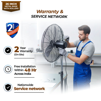 HAVAI 26-Inch Commercial BLDC Pedestal Fan (30–130W) | 2mm Aluminium Blades | Heavy-Duty Metal Base with 4 Lockable Industrial Wheels | Fingerproof Grill | High Airflow | 2-Year On-Site Warranty