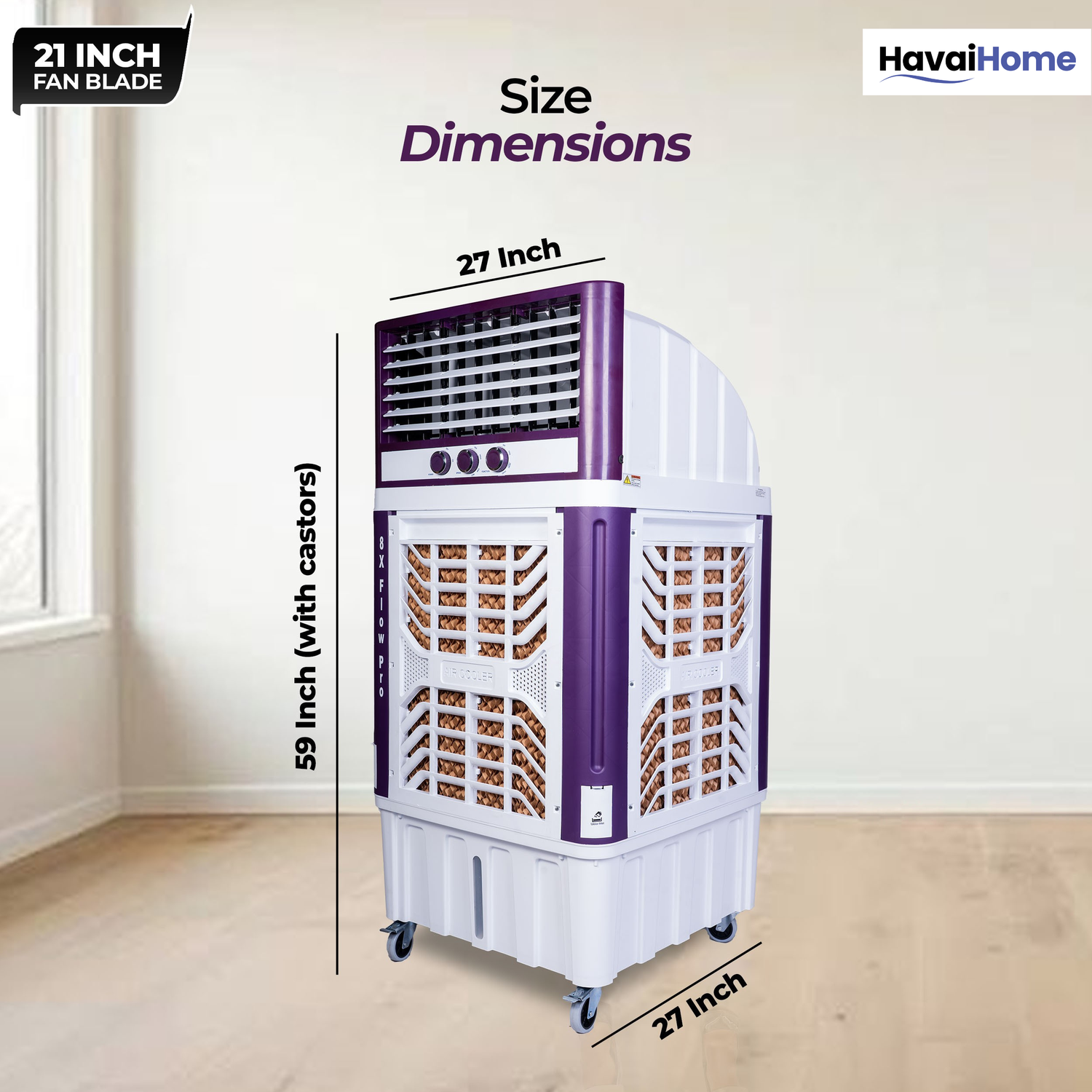 HAVAI 8X Flo Pro Plastic Body Duct Air Cooler | 100L Tank | 21” 4-Leaf Fan | 8500 m³/hr Airflow | 30 ft Air Throw | Double Ball Bearing Motor | 4-Side Honeycomb Cooling