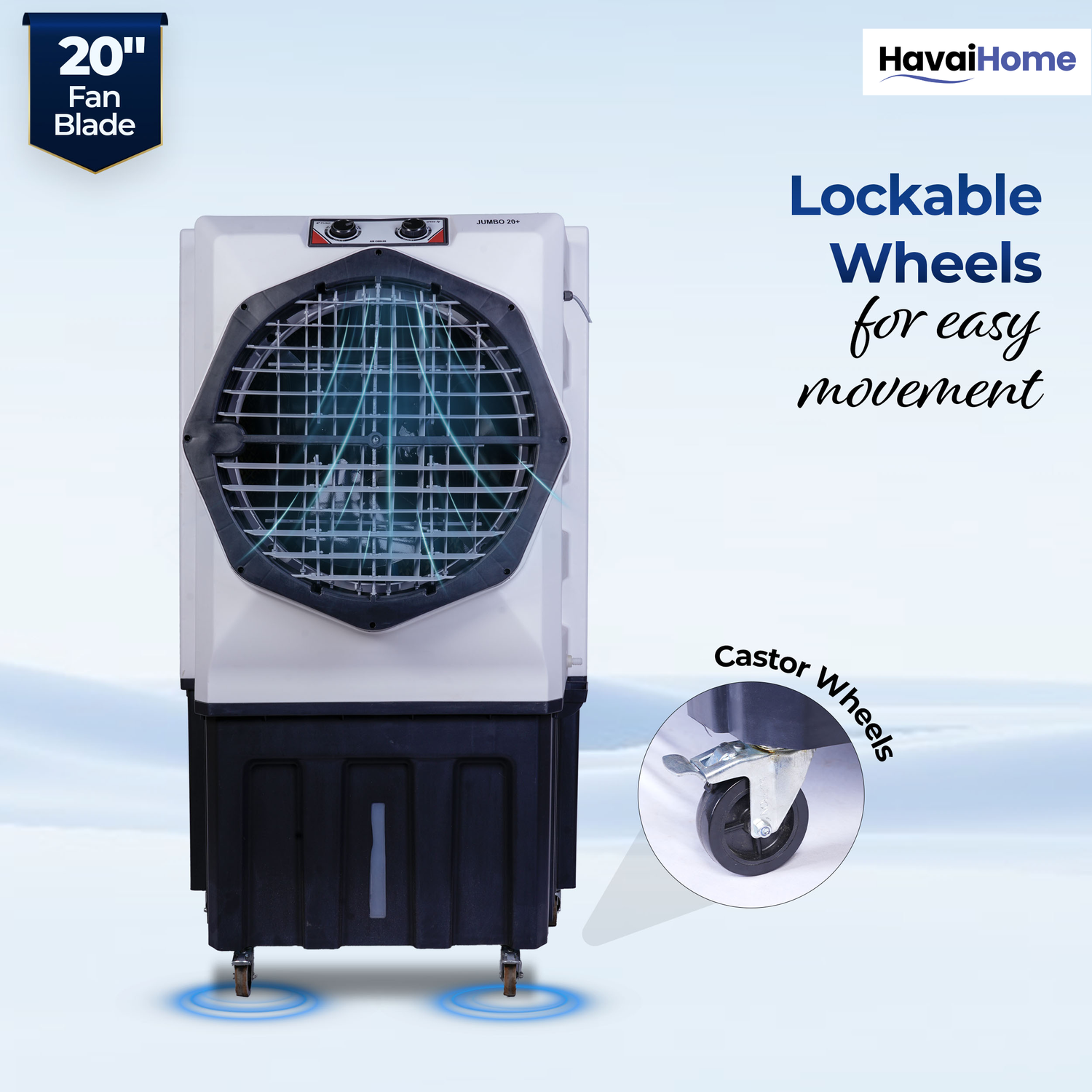 HAVAI Jumbo 20+ Desert Air Cooler for Home &amp; Commercial Use | 20 Inch Aluminium Fan, 150L Tank, 6190 m³/hr Air Delivery | Covers 450 Sq Ft | Honeycomb Pads, Auto Swing Louvers, Wheels | White &amp; Grey