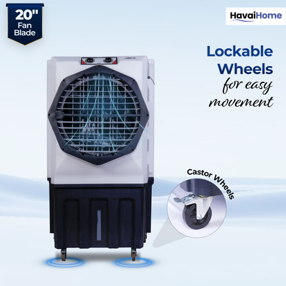 HAVAI Jumbo 20+ Desert Air Cooler for Home &amp; Commercial Use | 20 Inch Aluminium Fan, 150L Tank, 6190 m³/hr Air Delivery | Covers 450 Sq Ft | Honeycomb Pads, Auto Swing Louvers, Wheels | White &amp; Grey