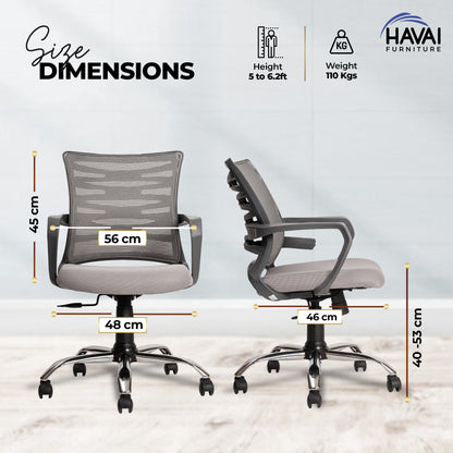HAVAI Navy Grey Low Back Ergonomic Mesh Office Chair |  Single Lock Tilt Mechanism | Mild Steel EPC Base | Class 4 Gaslift  | Fixed Armrests | 50mm Casters | Breathable Mesh Back