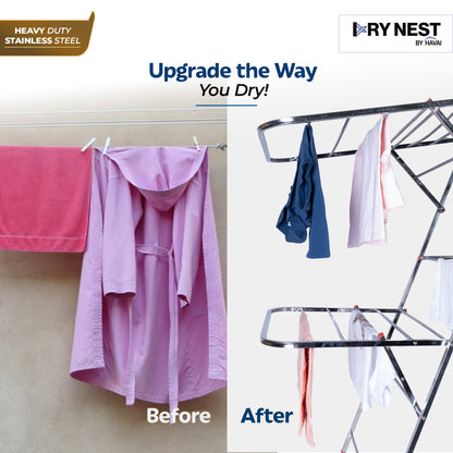 DryNest By HAVAI – Foldable Cloth Drying Stand |  Double Zig-Zag Stainless Steel Dryer Rack | Space-Saving Design for Balcony,  Indoor &amp; Outdoor Use
