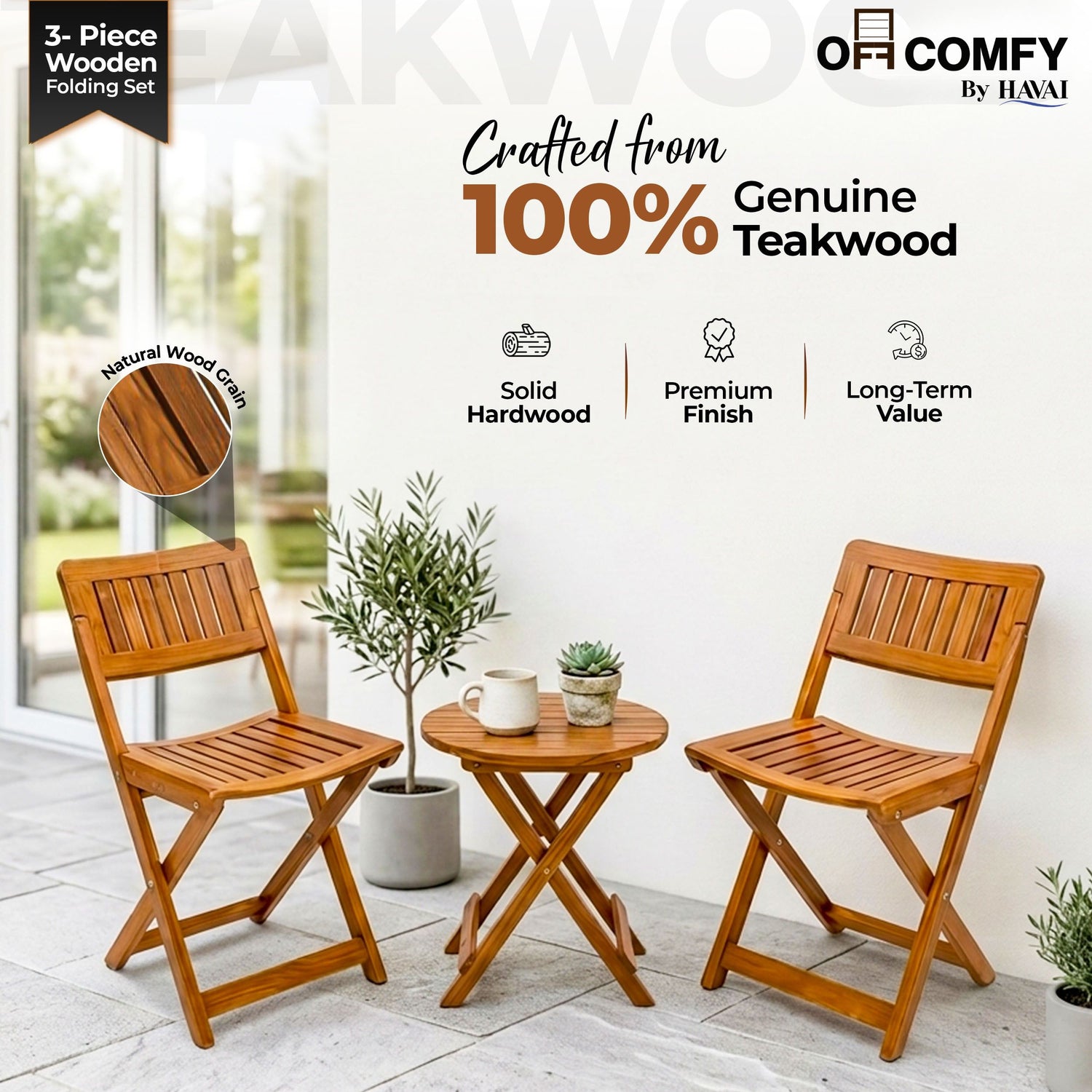 HAVAI Teakwood Foldable Balcony Furniture Set | 2 Chairs &amp; 1 Table | Premium Solid Teak Wood Outdoor Patio Set | Garden, Balcony, Terrace &amp; Cafe Furniture | Pre-Assembled Natural Wood Finish (BROWN)
