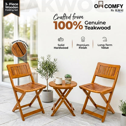 HAVAI Teakwood Foldable Balcony Furniture Set | 2 Chairs &amp; 1 Table | Premium Solid Teak Wood Outdoor Patio Set | Garden, Balcony, Terrace &amp; Cafe Furniture | Pre-Assembled Natural Wood Finish (BROWN)