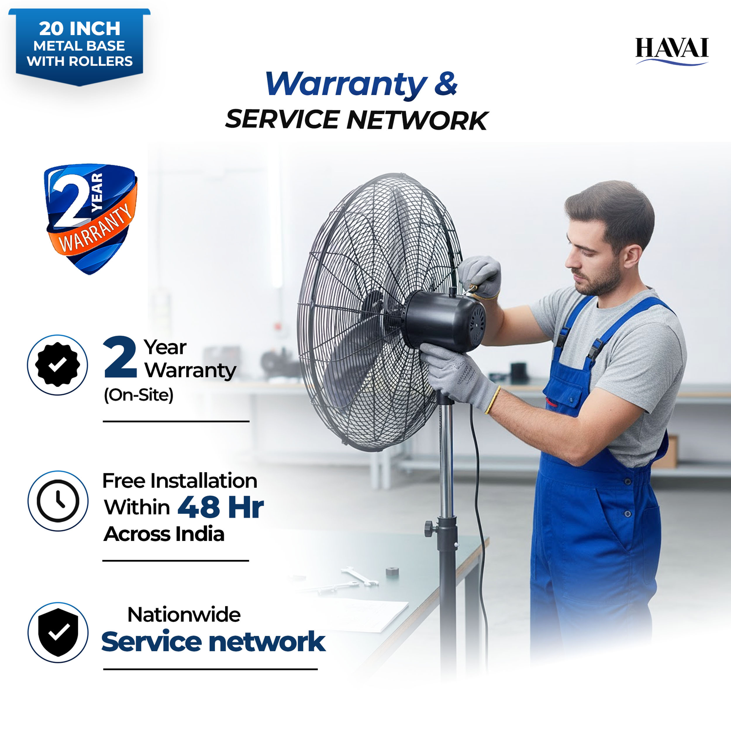 Havai 20-Inch Commercial BLDC Pedestal Fan (20–120W) | 2mm Aluminium Blades | Metal Base with 4 Lockable Industrial Wheels | Fingerproof Safety Grill | 4-Speed | 2-Year On-Site Warranty