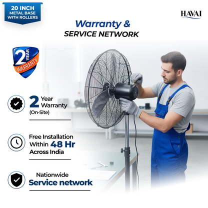 Havai 20-Inch Commercial BLDC Pedestal Fan (20–120W) | 2mm Aluminium Blades | Metal Base with 4 Lockable Industrial Wheels | Fingerproof Safety Grill | 4-Speed | 2-Year On-Site Warranty