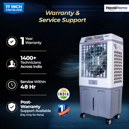 HAVAI Thunder 17+ Desert Cooler | 100L Tank | 17-Inch Fan Blade | 3-Side Honeycomb Pads | Heavy-Duty 110 Dia 32mm Motor | Auto Swing | 1-Year Motor Warranty &amp; Post-Warranty Service | White &amp; Brown