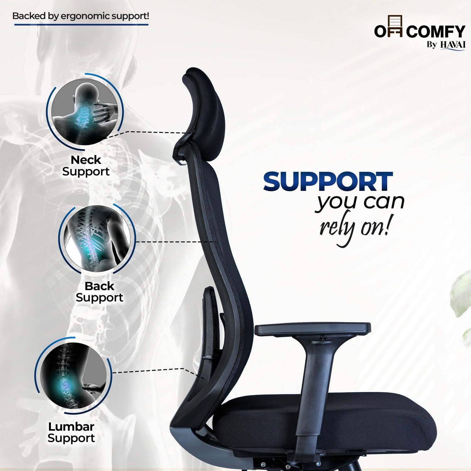 Off Comfy by HAVAI - Bolt Black Ergonomic Office Chair |  Yuva Mesh Back | 4D Arms with PU Pad | 1D Lumbar Support |  Auto Weight Mechanism with 4-Point Lock | Seat Slider | Crystal Chrome Base | 60mm Castors