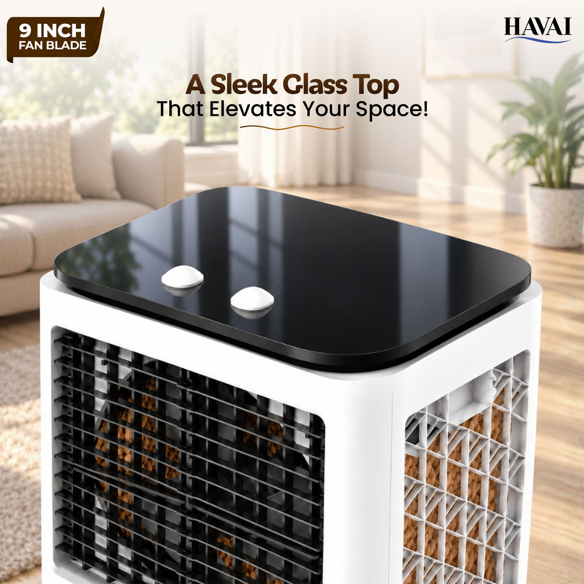 Havai Elite 9 Mini Personal Air Cooler, 15L Tank, 2600 RPM, 1800 CMH, 5-ft air throw, 3-side honeycomb pads, glass top, lockable wheels