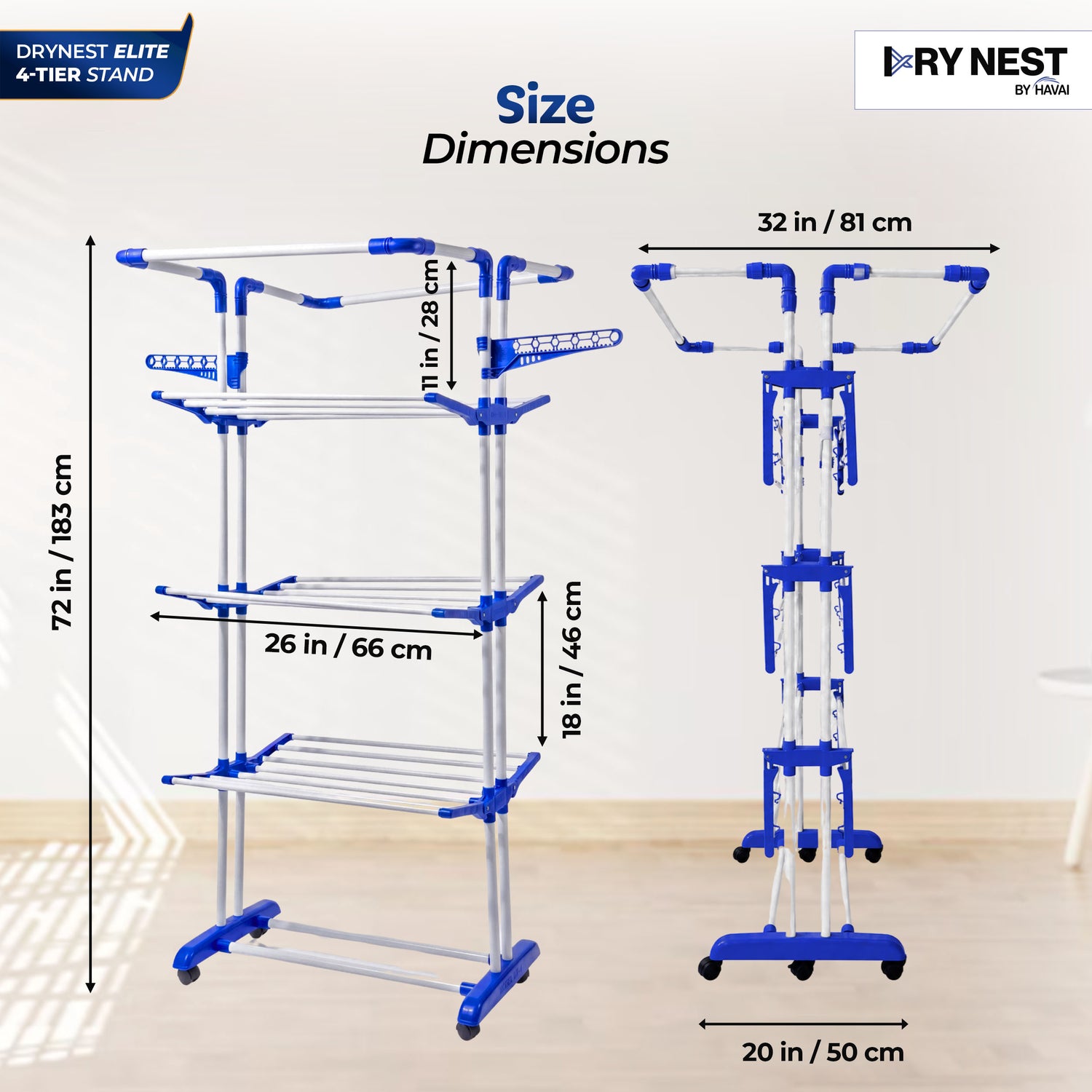 HAVAI Premium 4 Tier Stainless Steel Foldable Clothes Drying Stand with 6 Wheels | Heavy Duty Laundry Drying Rack for Indoor &amp; Outdoor Use | Rust Resistant | Space Saving Design