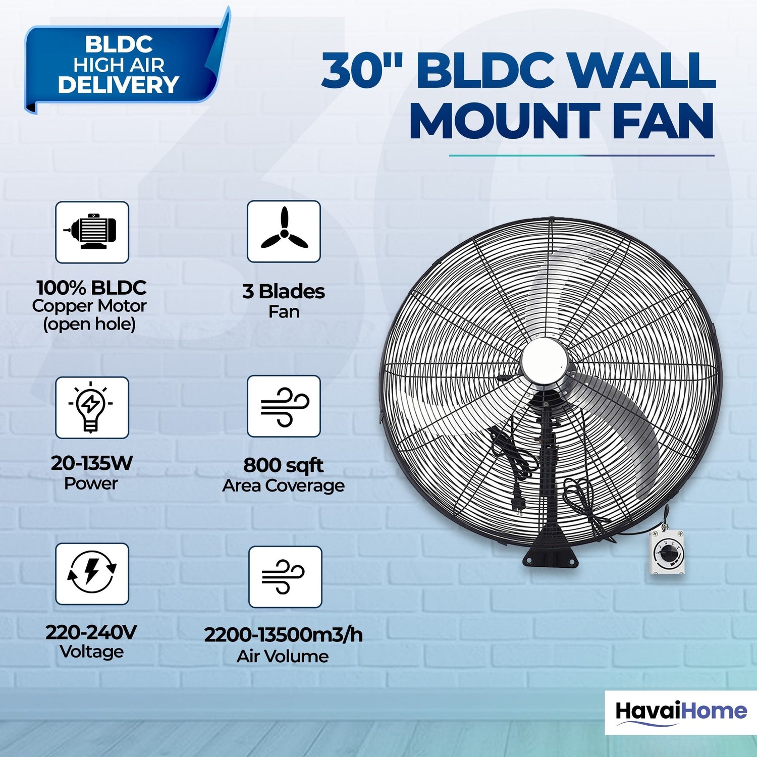 30" BLDC High-Speed Wall-Mount Fan – 3-Blade Design, Energy Efficient (20W-135W), 700-1400 RPM, 18,000 M³/Hr Airflow, 75-Foot Air Throw, 4-Speed Control, 2-Year Warranty