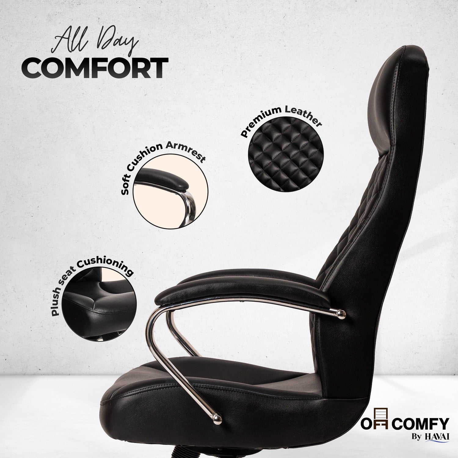 Prime High Back Office Chair | Ergonomic Executive Chair |  Premium Leather | Single Lock Tilt Mechanism |  Mild Steel Chrome Base &amp; Arms | Class 4 Gaslift |  50mm Casters | High-Density Back &amp; Seat Cushion (Black)