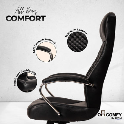 Prime High Back Office Chair | Ergonomic Executive Chair |  Premium Leather | Single Lock Tilt Mechanism |  Mild Steel Chrome Base &amp; Arms | Class 4 Gaslift |  50mm Casters | High-Density Back &amp; Seat Cushion (Black)