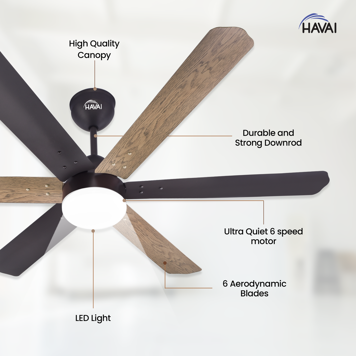 HAVAI Pristine Dualtone Range BLDC Ceiling Fan - 6 Blades - 35W, Ashwood and Smoke Brown 1200mm Blade with Remote (White Motor – 9W LED)