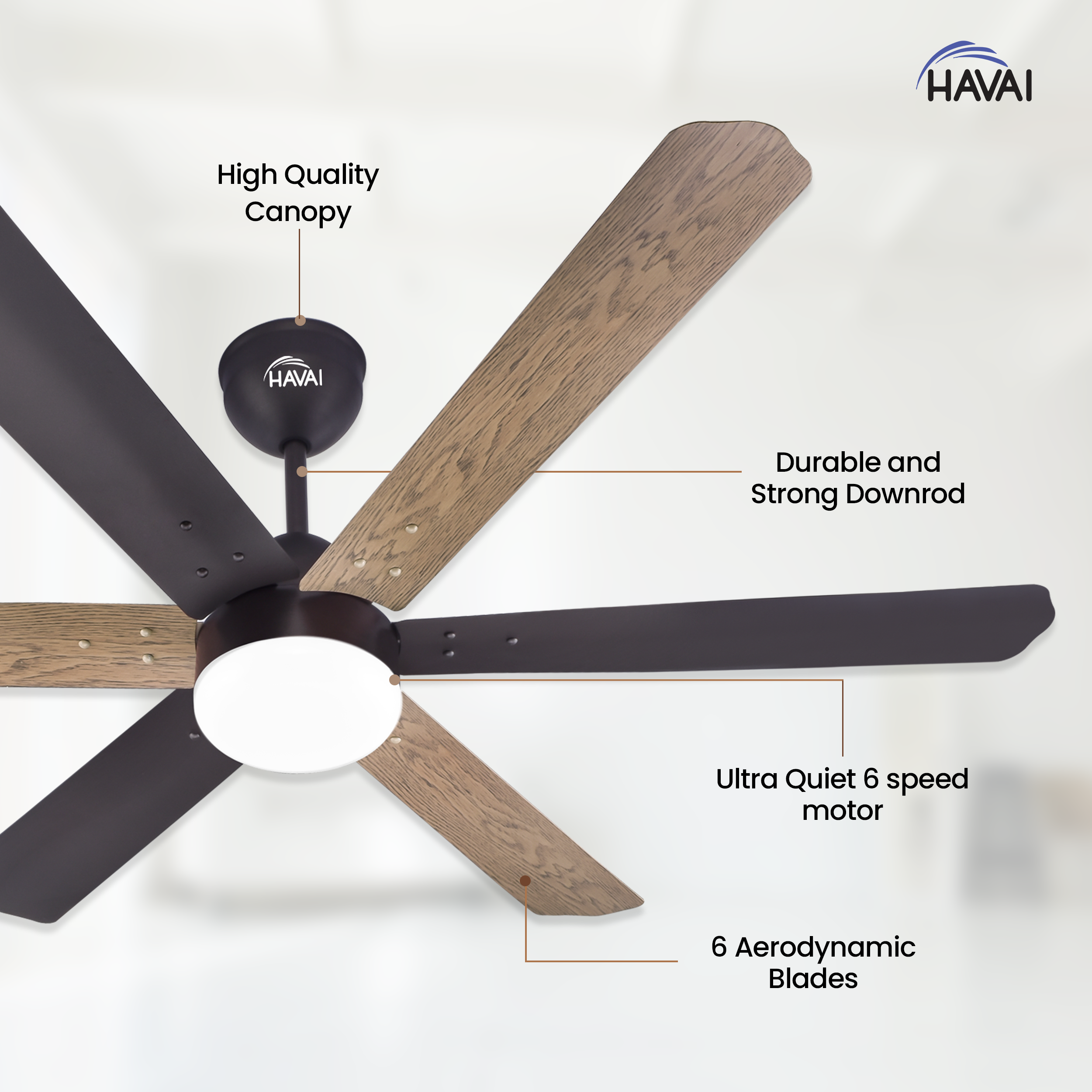 HAVAI Pristine Dualtone Range BLDC Ceiling Fan - 6 Blades - 35W, Ashwood and Smoke Brown 1200mm Blade with Remote (White Motor – 0.5W LED)