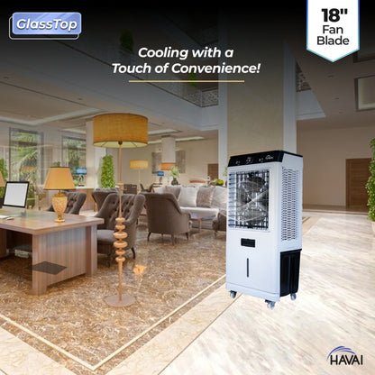 HAVAI Premium Glass Top GT 18 Air Cooler | 90L Tank Capacity | 18&quot; Fan Blade | 250W Power | 75ft Air Throw | 3-Side Honeycomb Cooling | Sleek Glass Top Design | 4 Castor Wheels