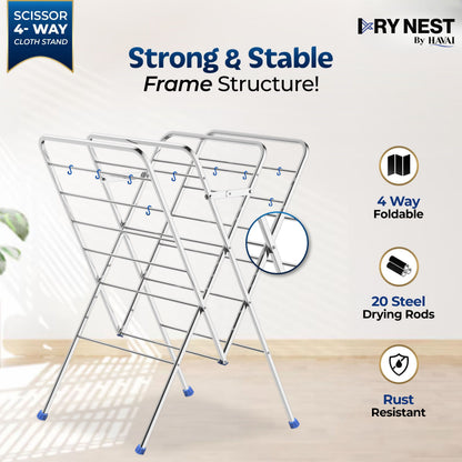 HAVAI DRY NEST 3kg Heavy Duty Premium Cloth Drying Stand | 4-Way Foldable Stainless Steel Clothes Dryer | 20 Rods with Hanger Hooks | 30kg Load Capacity | Strong &amp; Stable | 2 Year Warranty