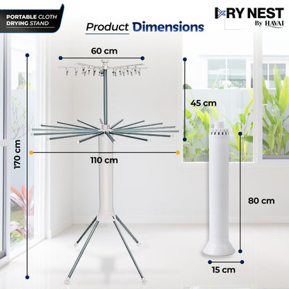 HAVAI Octopus Essential Foldable Rotating Clothes Drying Stand | 360° Multi-Layer Laundry Drying Rack with Lockable Wheels | Heavy Duty Stainless Steel Clothes Hanger | Space Saving Cloth Dryer