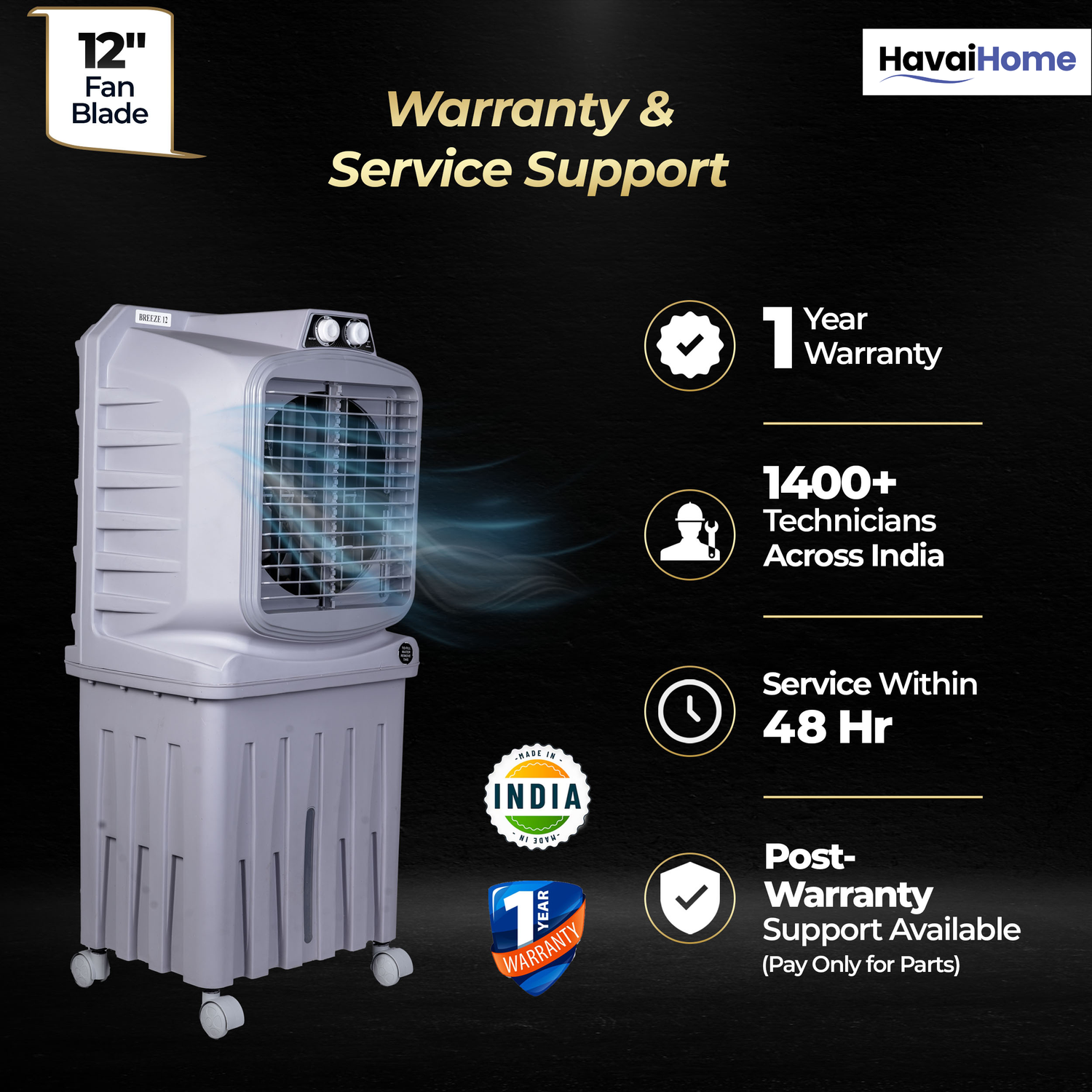 HAVAI Breeze-12 Personal Air Cooler | 50L Tank | 12″ Blade | Ideal for 100 sq ft Rooms | 98W Power | 8 ft Air Throw | 2600 RPM | Auto-Louver | 3-Speed | 1-Year On-Site Warranty (Grey)